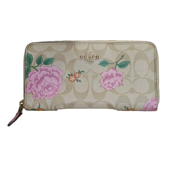 Coach Signature Prairie Rose Zip Around Wallet Beige Pink Floral Compartments - Picture 5 of 13